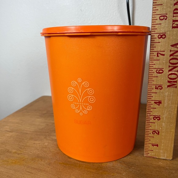 Vintage Tupperware Servalier Canister Set 4 Orange Sunburst Lid Flour Sugar Tea - Picture 9 of 12